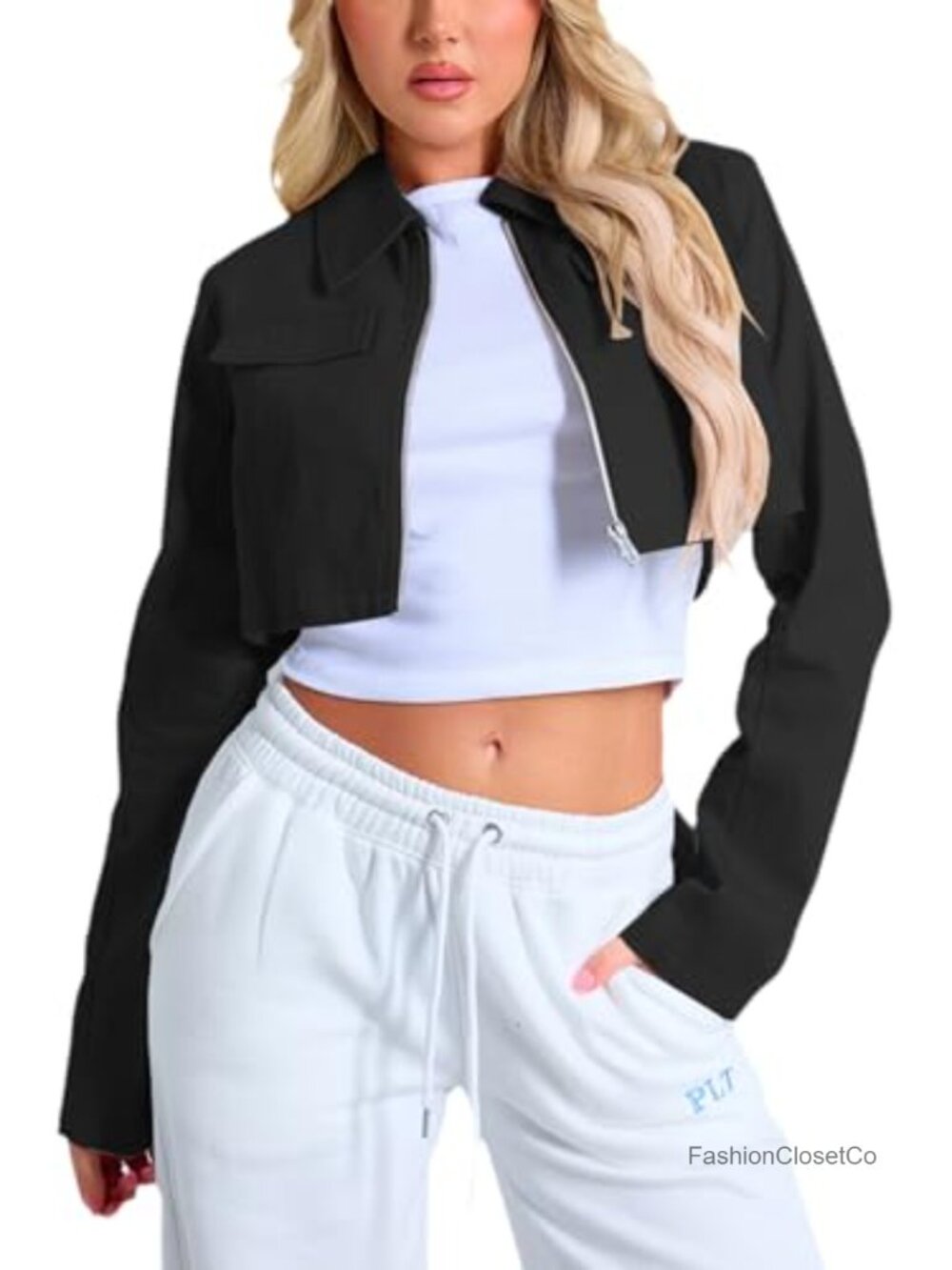 Women's Zip Up Cropped Casual Jacket Long Sleeve Lightweight